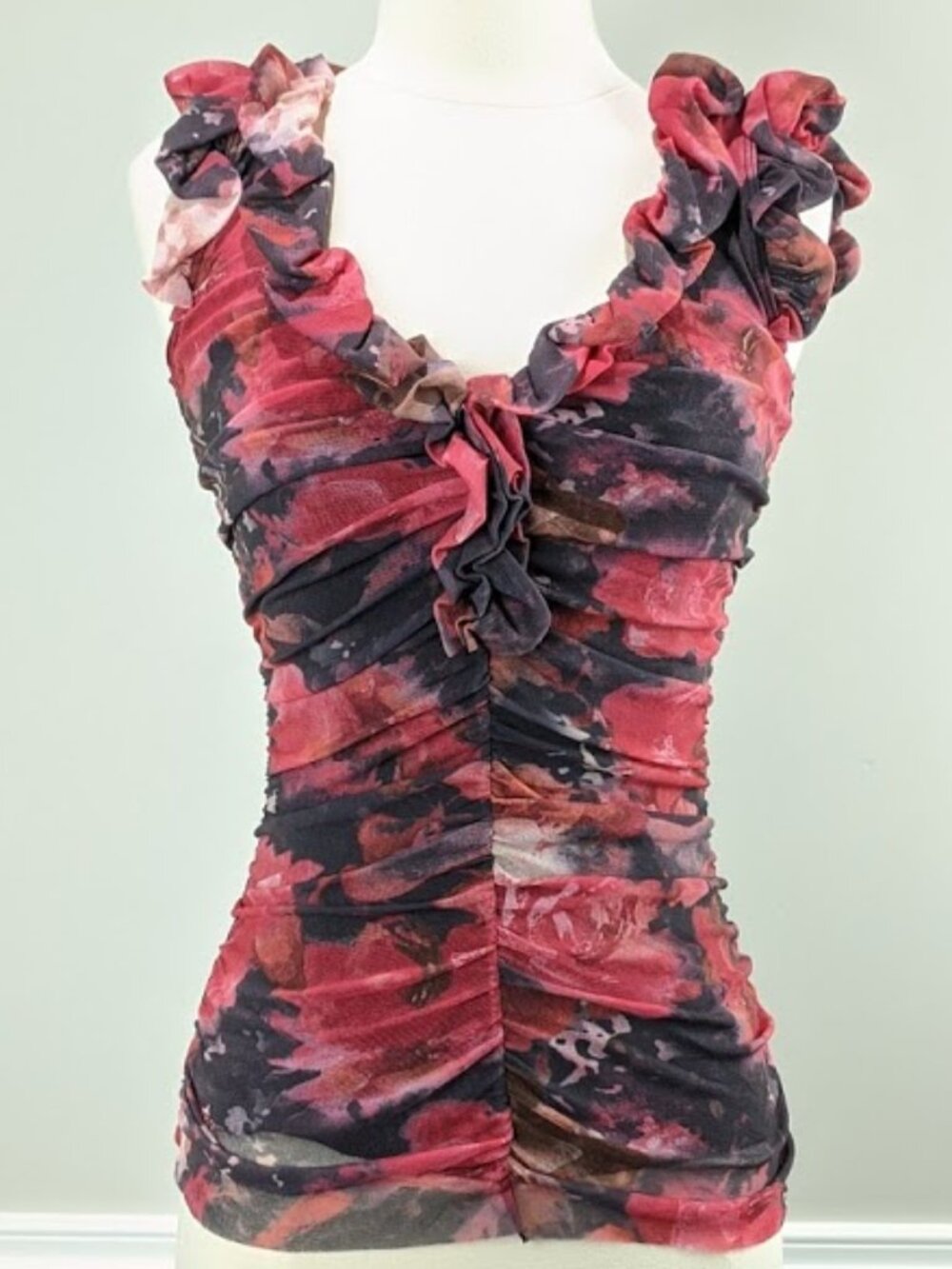 WESTON WEAR Black and Red Floral Ruffle Mesh Top Size XS